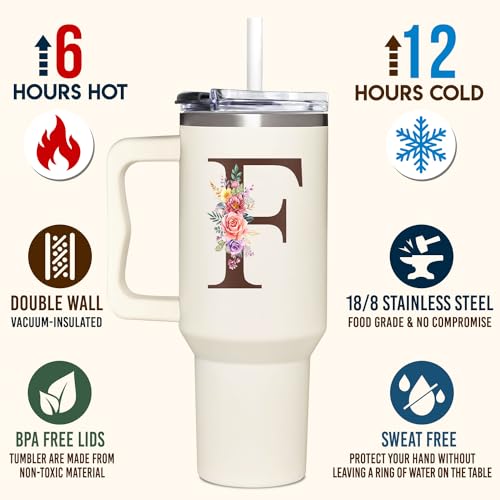 Personalized Gifts for Women, Customized Mother's Day, Birthday, Xmas Gift For Grandma, Mom, Wife, Friends, Sisters, Coworkers, Monogrammed Tumbler 40oz with Lid and Straw - color: F