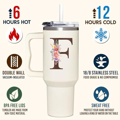 Personalized Gifts for Women, Customized Mother's Day, Birthday, Xmas Gift For Grandma, Mom, Wife, Friends, Sisters, Coworkers, Monogrammed Tumbler 40oz with Lid and Straw - color: F