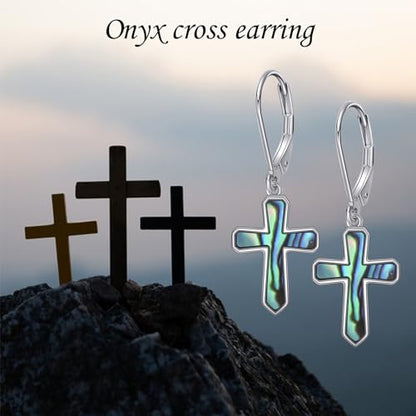 Cross Earrings 925 Sterling Silver Dangle Earring Gifts for Women - style: A-Abalone shell
