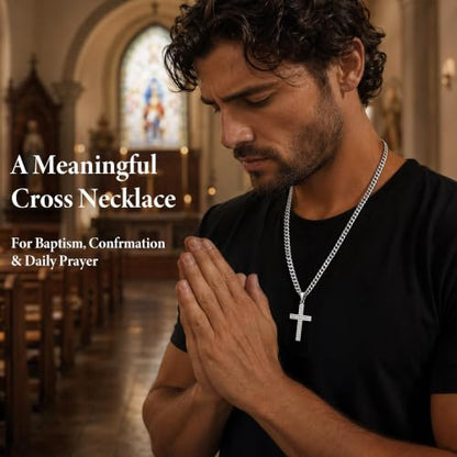 Cross Necklace for Men, Cuban Chain with Cubic Zirconia Pendant - color: SILVER