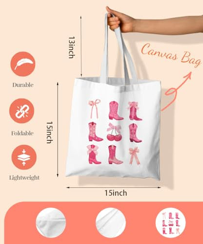 Coquette Bow Bible Canvas Tote Bag for Women Teens Teen Girls, Pink Bow Girls Tote Bag, Coquette Gifts - color: Cowgirl Boots
