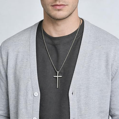 Cross Necklace for Men,Stainless Steel Christian Pendant Jewelry - color: C-silver-60cm chain