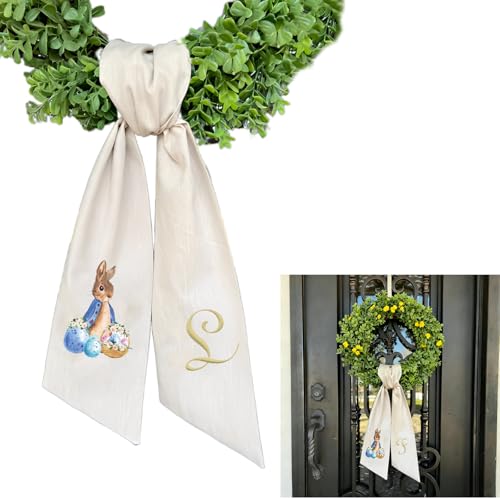 Rabbit Easter Wreath Bow Custom Embroidered Monogram Spring Bunny Wreath Sash for Front Door Hand Tailored Easter Decorations Spring Bows for Wreaths (L) - color: L
