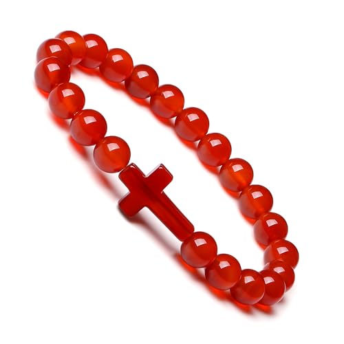XIANNVXI Crystal Bracelet for Women Men 8 mm Natural Stone Beaded Bracelets Cat Bracelets Cross Bracelets Heart Bracelelt Jewelry for Women Birthday Gifts Stretch Bracelet - color: Red - Red agate