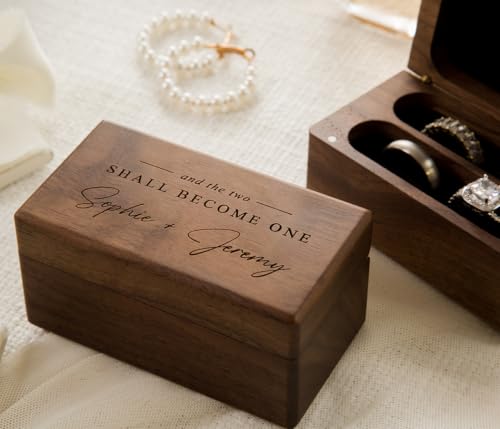 MUUJEE Custom Name Wedding Ring Box - Quad Slot Walnut Wood Ring Holder - color: Custom Two Become One