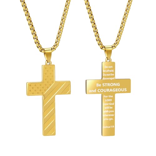 American Flag Cross Necklace for Men, Christian Confirmation Baptism Gifts - color: Gold, style: Joshua 1:9