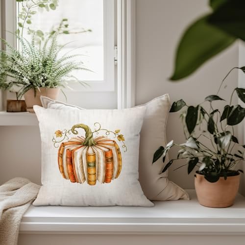 Rustic Fall Book Pumpkin Reading Room Throw Pillow Covers 18x18 - color: Book