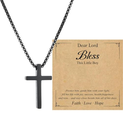Small Cross Necklace for Boys Baptism Christmas Confirmation Valentines Easter Birthday Gifts to Teens Son Grandson Nephew - color: black, style: bless this boy-1