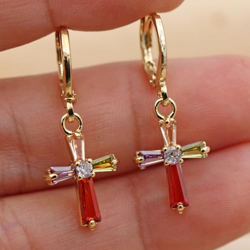 18K Gold Plated, Dangle Earrings for Women, Flower/Heart Drop earrings, Hypoallergenic Cubic Zirconia Earrings, Lightweight, Party, gold earrings, Jewelry for Gifts, Fashion - style: Drop-Cross-Mix