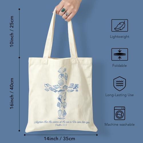 Christian Seashell Cross Canvas Tote Bag, Religious Coastal Gifts for Christian Women Mom Teachers Friends, Bible Verse Reusable Bag for Beach Church Shopping School Office