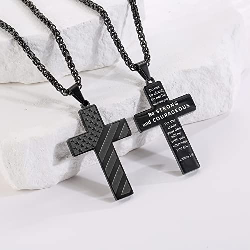 DuoDiner 18+2" Cross Necklace for Men Boys Christian Confirmation Gifts - color: Black, style: Joshua 1:9