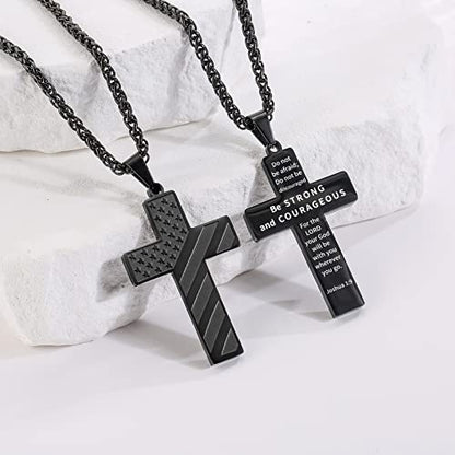 DuoDiner 18+2" Cross Necklace for Men Boys Christian Confirmation Gifts - color: Black, style: Joshua 1:9