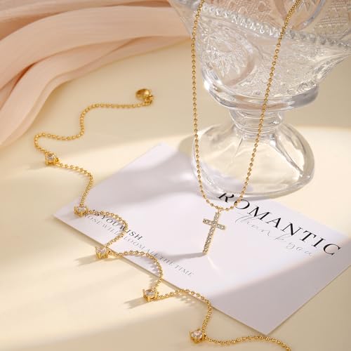 Rotnso Cross Necklace for Women 14K Gold Plated Dainty Small Pendant Choker - style: 2 Layered Bead+Diamond Cross-GD