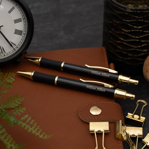 Dayspring Pens Monroe Personalized Pen and Pencil, Black Lacquer, Gold Trim
