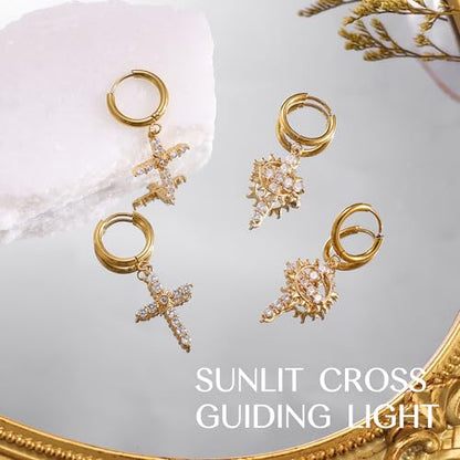 Gold Dangle Earrings for Women,Horseshoe Hoop Huggie Earrings with Heart Cubic Zirconia Hypoallergenic Lightweight Dangling Earrings Lucky Jewelry Gifts Perfect for Christmas,Birthday,Anniversary - style: Cross with Sun