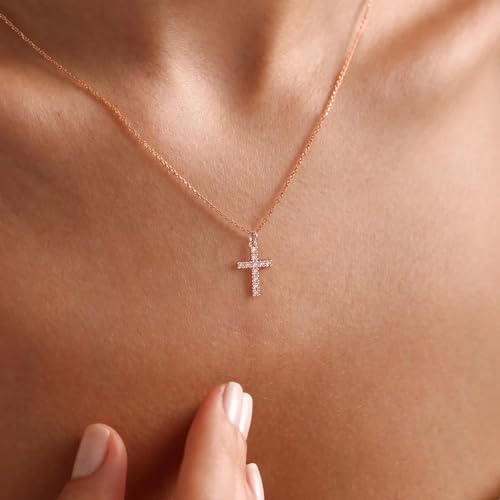 Tewiky Cross Necklace for Women Gold Cross Pendant Cute Necklaces - color: Rose gold CZ Cross