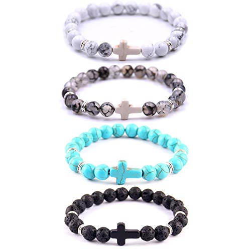 Softones 4PCS Cross Beads Bracelet for Men Women 8mm Healing Lava Stone Stretch Bracelets,7.5" - color: A:4Pcs a set
