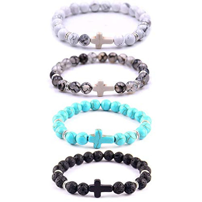 Softones 4PCS Cross Beads Bracelet for Men Women 8mm Healing Lava Stone Stretch Bracelets,7.5" - color: A:4Pcs a set