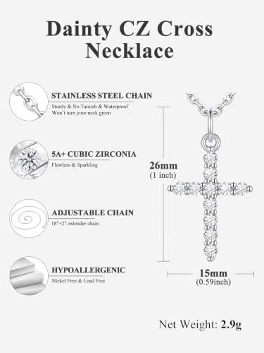 U7 Cross Necklace for Women,CZ Cross Pendant Necklace 18"+2" - color: Silver