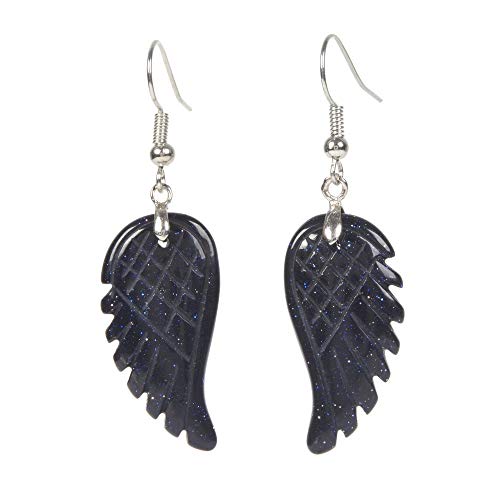 Gemstone Crystal Healing Reiki Chakra Handmade Angel Wing Dangle Earrings - color: Synthetic Blue Goldstone