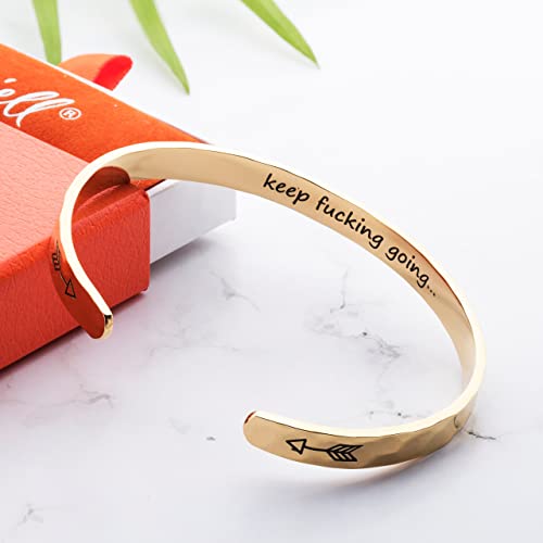 Carviell Bracelets for Women – 100+ Meaningful Engraved Messages – Solid 316L Surgical Stainless Steel Cuff Bracelet – Gift Ready - color: BADASS Gift - Keep F##king Going - GOLD