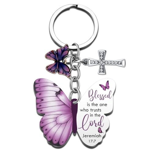 Butterfly Christian Keychain Women Cross Bible Verse Keychain Butterfly Purse Charm Inspirational Religious Gifts - color: Purple