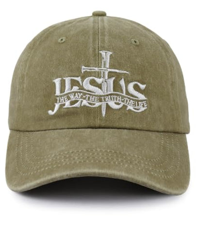 Christian Jesus Hat for Men Women, Adjustable Cotton Embroidered The Way The Truth The Life Baseball Cap - color: Natural