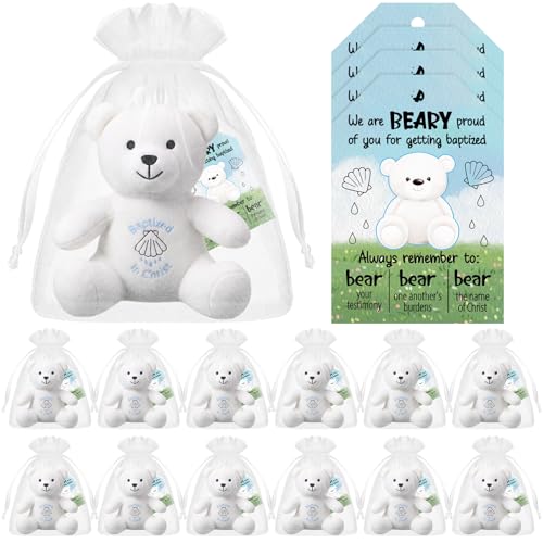 Silipull 12 Pcs Baptism Stuffed Bears 4" Religious Plush Bear Prayer Buddies Christian Mini Bible Verse Bears for Party Favor Gift Box Stuffers - style: Baptism