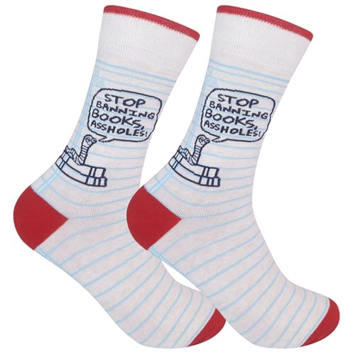 FUNATIC Socks with Funny and Profane Sayings, Sarcastic Gift for Men Women - color: Stop Banning Books
