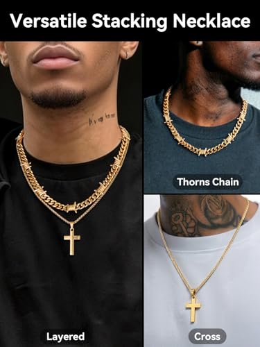 ChainsHouse Mens Cross Necklace Stainless Steel Layered Chain Cross Pendant - color: Gold