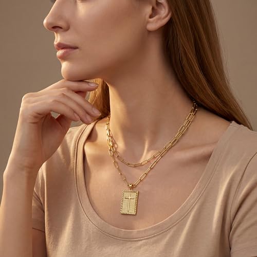 Cross Necklace for Women Girls, 14K Gold Plated Dainty Pendant Necklaces Set, Cute Trendy Faith Christian Religious Everyday Jewelry Gifts Aesthetic Accessories Non Tarnish - color: Double Layer Paperclip