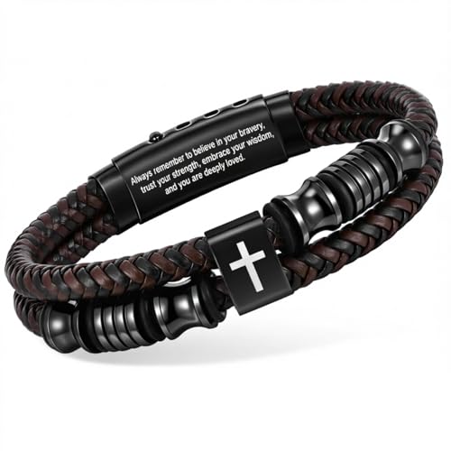 Christian Brown Leather Bracelet for Men - Double-Row Braided Leather Faith Cross Bracelets Bangle Religious Baptism Inspirational Bible Verse Jewelry Gift for Young Men Teenage, Adjustable Wristband - color: Always Remember...