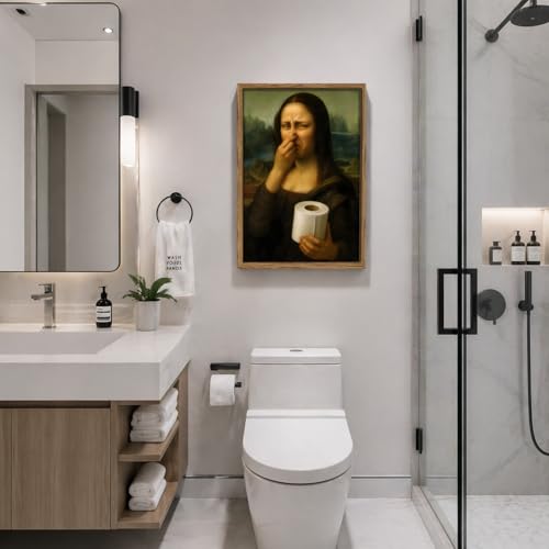 Framed Funny Mona Lisa Bathroom Canvas Wall Art Humor Mona Lisa Pinching Nose Wall Decor Amusing Toilet Artwork Posters Pictures Celebrity Classical Vintage Painting Prints for Washroom Restroom-12×16inch - color: Mona Lisa-B, size: 16"L x 12"W