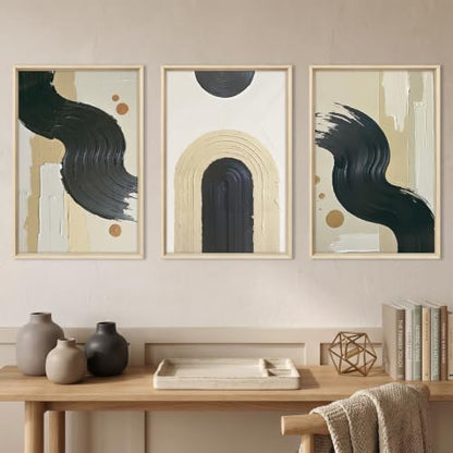 HOURIA Black Beige Abstract Neutral Framed Canvas Wall Art Set- 16"x24"x3 - color: Abstract Beige Black Wall Art, size: 16"L x 24"W