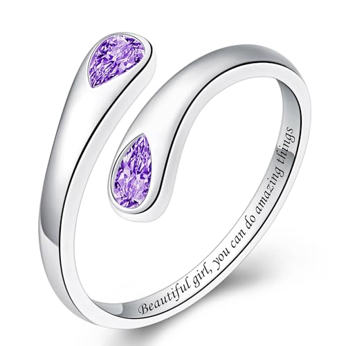 Jinlou Thumb Rings for Women - 925 Sterling Silver Birthstone Open Teardrop Encouragement Adjustable Ring Women Gifts for Teens Mom Birthday Mother's Day St Patricks Day - color: February, style: Beautiful you can do amazing things