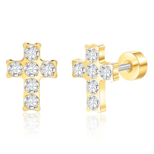 Limerencia Titanium Stud Earrings, Cross Earrings for Sensitive Ears - color: Gold +Screw Back with CZ
