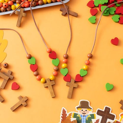 BeYumi Fall Cross Necklace Craft - 24Pcs Thanksgiving Wooden Cross Beads Necklace Craft Kit for Kids DIY Thankful Gift Autumn Religious Christian Wood Art Decor Sunday School Classroom Party Favors - style: Fall