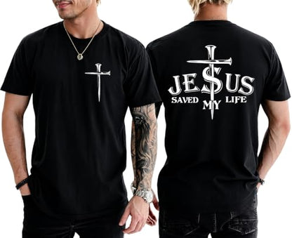 Christian Jesus Cross Shirts for Men Jesus Saved My Life T-Shirt God Tee - color: Black, size: Medium