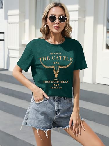 Christian Shirts for Women He Owns The Cattle On A Thousand Hills Tee Shirt Religious Bible Verse Faith Tops - color: Darkgreen, size: Small