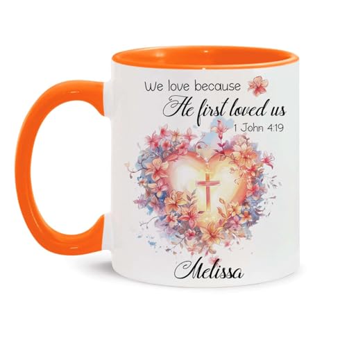 Floral Heart And Cross Design Accent Mug, Customized Name Christian Bible Verse Cup, Gift For Christian Men Women, Personalized Religious Coffee Mug 11oz 15oz, Custom Bible Verse Ceramic Cup - color: HOA-624-2166-WE LOVE MUG