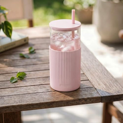 SANDJEST Glass Water Bottle with Silicone Sleeve 20oz, Glass Tumbler with Straw and Lid, Smoothie and Iced Coffee Cup, Gifts for Women Teen Girls Birthday Christmas (Dusty Pink) - color: Dusty Pink
