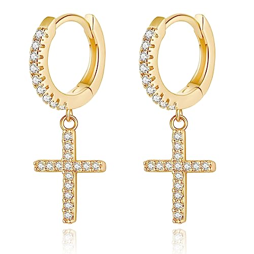 Cross Small Hoop Dangle Earrings 925 Sterling Silver CZ Diamonds Round Huggie Earrings For Men Women - style: cross gold