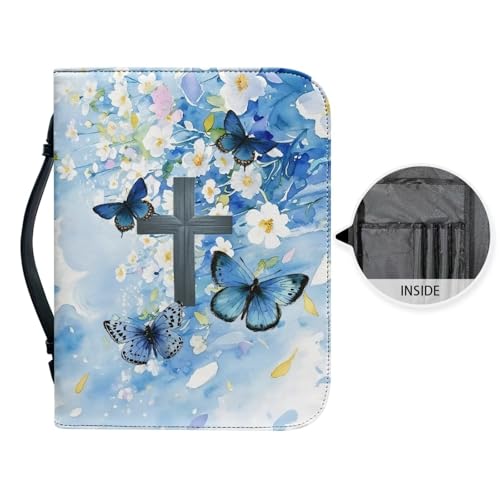 Butterfly Daisy Cross Leather Bible Cover for Men with Handle - color: Blue Butterfly Daisy Cross, size: 2XL