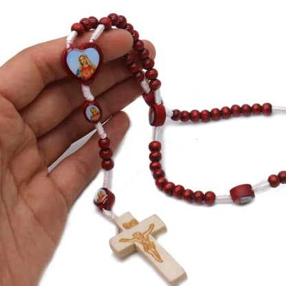 Handmade Wooden Crucifix Rosary Beads Chain Pendant Necklace Colorful Love Heart Catholic Cross Virgin Mary Jesus Necklace for Women Men Religious Lord Praying Jewelry - color: Blue