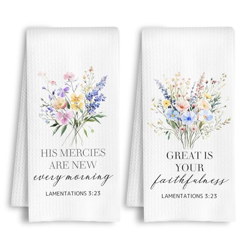 Floral Christian Kitchen Towels, Lamentations 3:23 Bible Verse Dish Towels, Christian Gifts for Women, Faith Based Gifts Hand Tea Towel for Bathroom Kitchen, 16x24 Inch Set of 2 - color: Lamentations 3:23 - Floral