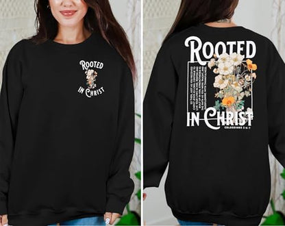 Women Christian Sweatshirt Rooted in Christ Shirts Jesus Boho Faith Clothes - color: Black, size: Small