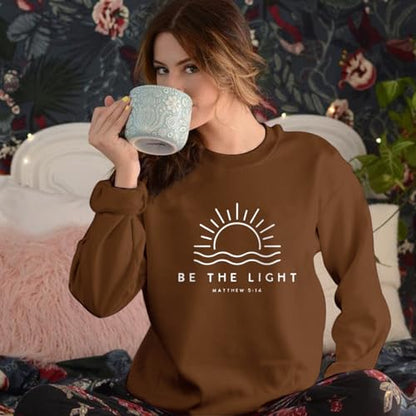 Sulayesh Christian Be The Light Sweatshirts for Women Religious Faith Jesus Bible Verse Graphic Shirts Loose Pullover Tops - color: Brown, size: XX-Large