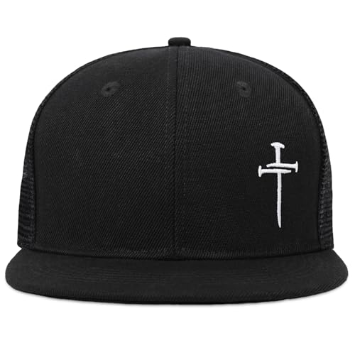 Christian Hats for Men Women - Cross Faith Flat Snapcback Hats - Religious Gifts for Thanksgiving Christmas - color: Black Mesh/White Cross