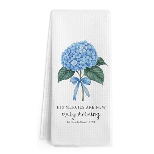 Christian Hydrangea Floral Kitchen Towels, Blue Hydrangea Bible Hand Towels, Lamentations 3:23 Religious Hand Dish Tea Towel for Kitchen Bathroom Decor, Christian Gifts for Women, 16x24 Inch - color: Hydrangea