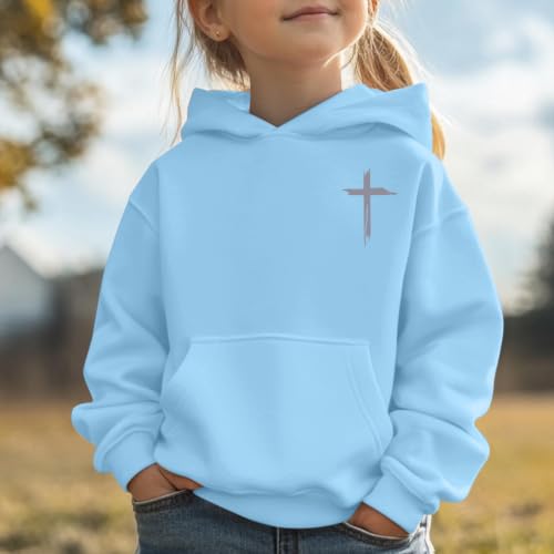 Girls Christian Hoodies Kids Jesus Faith Sweatshirts Cute Religious Graphic Sweater Inspirational God Bible Verse Top - color: Light Blue, size: 9-10 Years